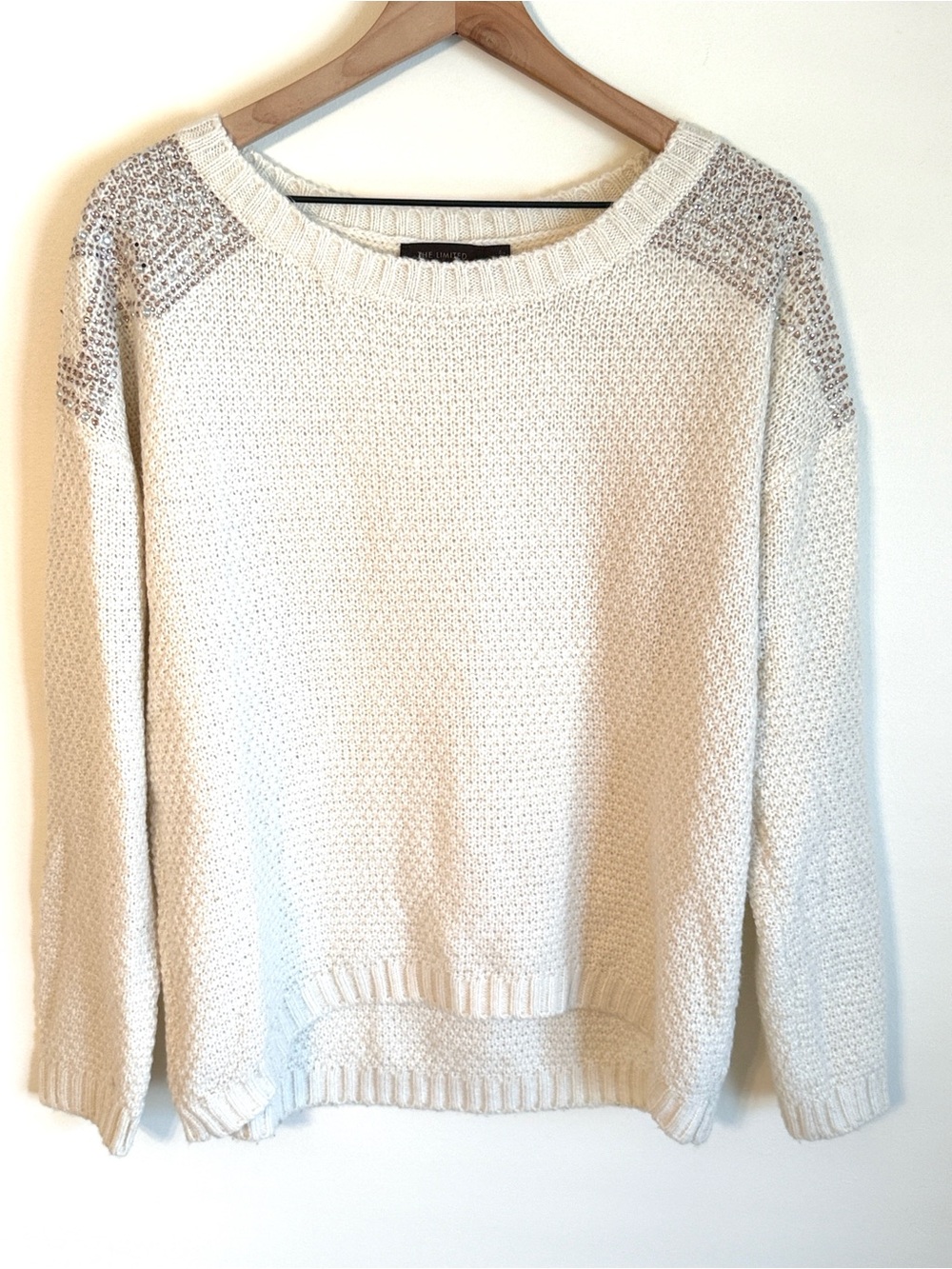 THE LIMITED Ivory Cream Embellished Shoulder Knit Crew Neck Long Sleeve Sweater